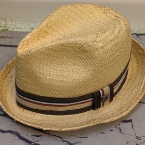 Brixton Tan Straw Fedora Hat with Brown Band